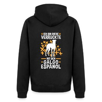 Ich bin die Verrückte mit dem Galgo Espanol - Unisex Premium Bio Zip Hoodie - Schwarz - Hinten - Nico (187cm)