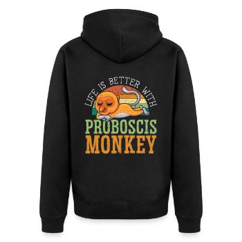 Das Leben ist besser mit Proboscis Monkey Ape Zookeeper - Unisex Premium Bio Zip Hoodie - Schwarz - Hinten - Nico (187cm)