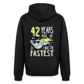 42 Years Ago I Was The Fastest 42. Geburtstag - Unisex Premium Bio Zip Hoodie - Schwarz - Hinten - Nico (187cm)