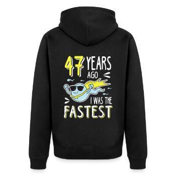 47 Years Ago I Was The Fastest 47. Geburtstag - Unisex Premium Bio Zip Hoodie - Schwarz - Hinten - Nico (187cm)