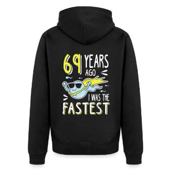 69 Years Ago I Was The Fastest 69. Geburtstag - Unisex Premium Bio Zip Hoodie - Schwarz - Hinten - Nico (187cm)
