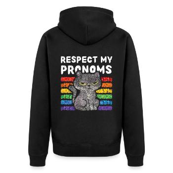 Respect my pronoms Regenbogen Lgbtq Pride Katzen - Unisex Premium Bio Zip Hoodie - Schwarz - Hinten - Nico (187cm)