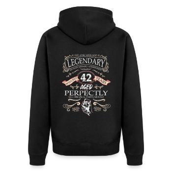 Vintage Légendaire - Vieilli parfaitement 42ème anniversaire - Veste à capuche bio Premium Unisexe - noir - Dos - Nico (187cm)