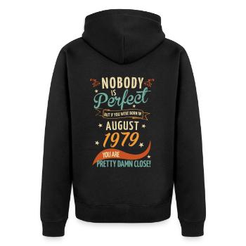 Personne n’est parfait né en août 1979 - Veste à capuche bio Premium Unisexe - noir - Dos - Nico (187cm)