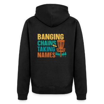 Retro Sunset Banging Chains prend des noms Disc Golf - Veste à capuche bio Premium Unisexe - noir - Dos - Nico (187cm)