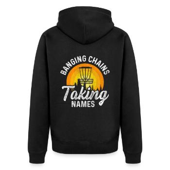 Retro Sunset Banging Chains prend des noms Disc Golf - Veste à capuche bio Premium Unisexe - noir - Dos - Nico (187cm)