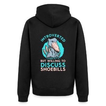 Introverted but open to discussion shoe hub - Unisex Premium Organic Zip Hoodie - black - Back - Nico (187cm)