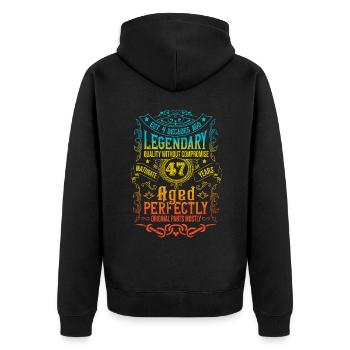 Vintage Légendaire - Vieilli parfaitement 47ème anniversaire - Veste à capuche bio Premium Unisexe - noir - Dos - Nico (187cm)
