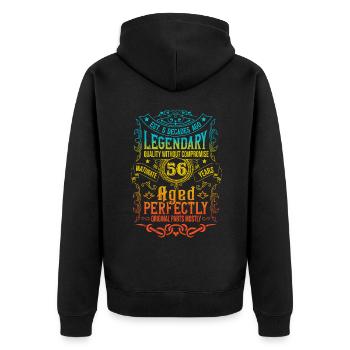 Vintage Légendaire - Vieilli parfaitement 56ème anniversaire - Veste à capuche bio Premium Unisexe - noir - Dos - Nico (187cm)