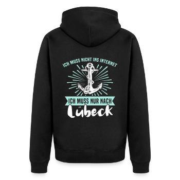 Lübeck Sprüche Hansestadt Luebeck - Unisex Premium Bio Zip Hoodie - Schwarz - Hinten - Nico (187cm)