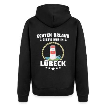 Lübeck Sprüche Hansestadt Luebeck - Unisex Premium Bio Zip Hoodie - Schwarz - Hinten - Nico (187cm)