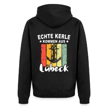 Lübeck Sprüche Hansestadt Luebeck - Unisex Premium Bio Zip Hoodie - Schwarz - Hinten - Nico (187cm)