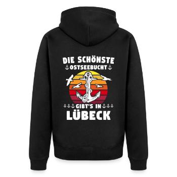 Lübeck Sprüche Hansestadt Luebeck - Unisex Premium Bio Zip Hoodie - Schwarz - Hinten - Nico (187cm)