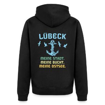 Lübeck Sprüche Hansestadt Luebeck - Unisex Premium Bio Zip Hoodie - Schwarz - Hinten - Nico (187cm)