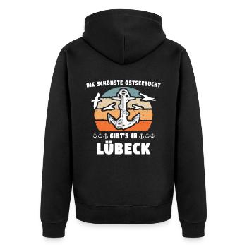 Lübeck Sprüche Hansestadt Luebeck - Unisex Premium Bio Zip Hoodie - Schwarz - Hinten - Nico (187cm)
