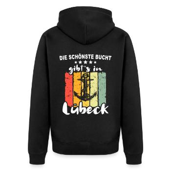 Lübeck Sprüche Hansestadt Luebeck - Unisex Premium Bio Zip Hoodie - Schwarz - Hinten - Nico (187cm)