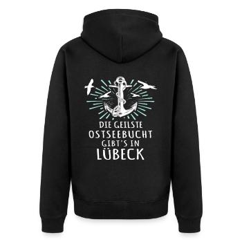 Lübeck Sprüche Hansestadt Luebeck - Unisex Premium Bio Zip Hoodie - Schwarz - Hinten - Nico (187cm)