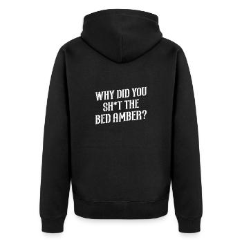 Warum Hast Du Das Bett Amber Funny Johnny - Unisex Premium Bio Zip Hoodie - Schwarz - Hinten - Nico (187cm)
