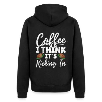 Kaffee, ich glaube, er fängt an zu wirken Tarsierf - Unisex Premium Bio Zip Hoodie - Schwarz - Hinten - Nico (187cm)