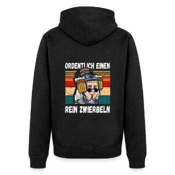 Ordentlich einen Rein Zwierbeln Lustig Trinkspruch - Unisex Premium Bio Zip Hoodie - Schwarz - Hinten - Nico (187cm)