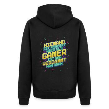 Zocken Gaming - Unisex Premium Bio Zip Hoodie - Schwarz - Hinten - Nico (187cm)