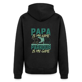 Parkour Papa Run Jump Flip Freerunning Acrobatics - Unisex Premium Organic Zip Hoodie - black - Back - Nico (187cm)
