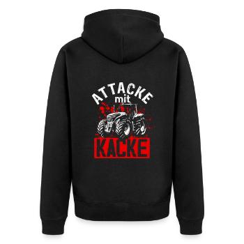 Attacke mit Kacke Traktor Bauer - Lustiger Spruch - Unisex Premium Bio Zip Hoodie - Schwarz - Hinten - Nico (187cm)