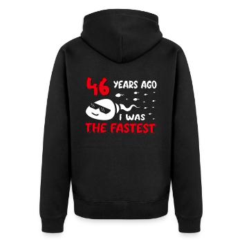 46 Years Ago I Was The Fastest 46. Geburtstag - Unisex Premium Bio Zip Hoodie - Schwarz - Hinten - Nico (187cm)