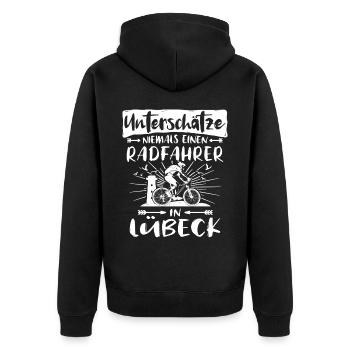 Lübeck Fahrradfahrer Lübecker Radfahrer - Unisex Premium Bio Zip Hoodie - Schwarz - Hinten - Nico (187cm)