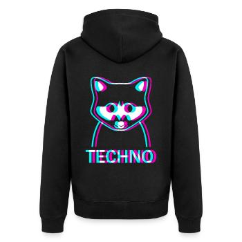Raver Techno Waschbär Hardtekk Rave - Unisex Premium Bio Zip Hoodie - Schwarz - Hinten - Nico (187cm)