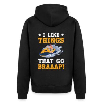 Ich mag Dinge, die Braaap Jetski Wasser gehen - Unisex Premium Bio Zip Hoodie - Schwarz - Hinten - Nico (187cm)