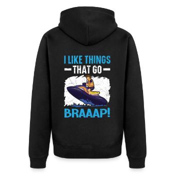 Ich mag Dinge, die Braaap Jetski Wasser gehen - Unisex Premium Bio Zip Hoodie - Schwarz - Hinten - Nico (187cm)