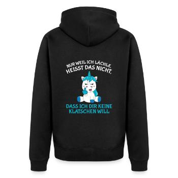 Nur weil ich lächle heißt nicht keine klatschen - Unisex Premium Bio Zip Hoodie - Schwarz - Hinten - Nico (187cm)
