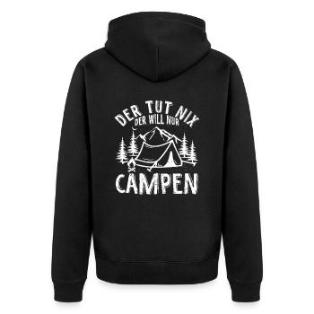 Der tut nix Der will nur Campen - Camper & Camping - Unisex Premium Bio Zip Hoodie - Schwarz - Hinten - Nico (187cm)