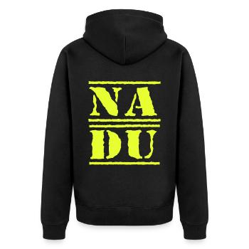 na du gelb - Unisex Premium Bio Zip Hoodie - Schwarz - Hinten - Nico (187cm)