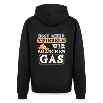 Esst mehr Zwiebeln - wir brauchen Gas Gasknappheit - Unisex Premium Bio Zip Hoodie - Schwarz - Hinten - Nico (187cm)