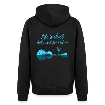 Das Leben Ist Kurz, Aber Mit Sicherheit Süß - Unisex Premium Bio Zip Hoodie - Schwarz - Hinten - Nico (187cm)