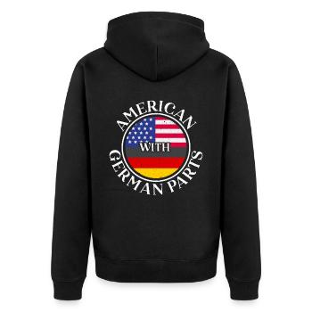 Amerikaner mit deutschem Teil USA Deutschland von Steuben - Unisex Premium Bio Zip Hoodie - Schwarz - Hinten - Nico (187cm)