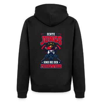 Echte Jungs Sind Bei Der Feuerwehr Feuerwehrmann - Unisex Premium Bio Zip Hoodie - Schwarz - Hinten - Nico (187cm)