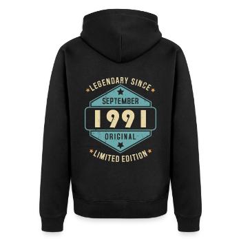 Septembre 1991 Vintage Retro Anniversaire - Veste à capuche bio Premium Unisexe - noir - Dos - Nico (187cm)