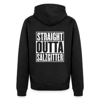 Straight Outta Salzgitter Jahrgang - Unisex Premium Bio Zip Hoodie - Schwarz - Hinten - Nico (187cm)