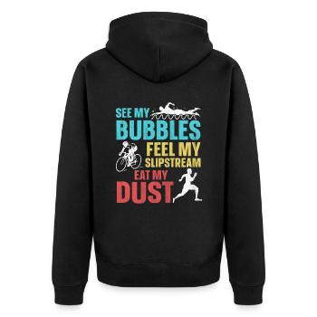 Lustiger Triathlon Spruch - Unisex Premium Bio Zip Hoodie - Schwarz - Hinten - Nico (187cm)