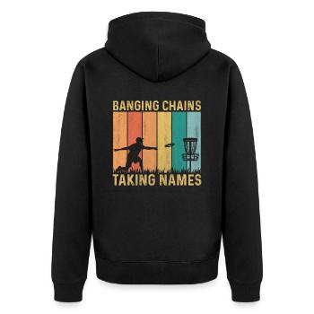 Retro Sunset Banging Chains prend des noms Disc Golf - Veste à capuche bio Premium Unisexe - noir - Dos - Nico (187cm)