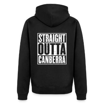 Gerade Outta Canberra Vintage - Unisex Premium Bio Zip Hoodie - Schwarz - Hinten - Nico (187cm)