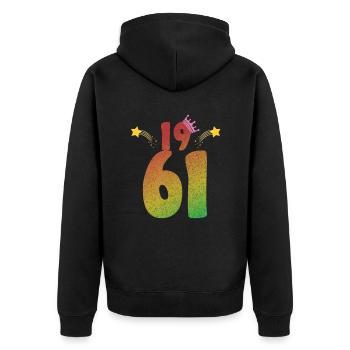 1961 geboren LGBT Geburtstagsgeschenk - Unisex Premium Bio Zip Hoodie - Schwarz - Hinten - Nico (187cm)