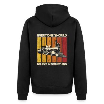 Modellbahn Zug Lokomotiven Geschenk - Unisex Premium Bio Zip Hoodie - Schwarz - Hinten - Nico (187cm)