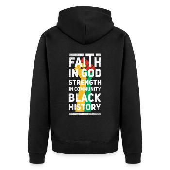 Glaube An Gott, Stärke In Der Gemeinschaft, - Unisex Premium Bio Zip Hoodie - Schwarz - Hinten - Nico (187cm)