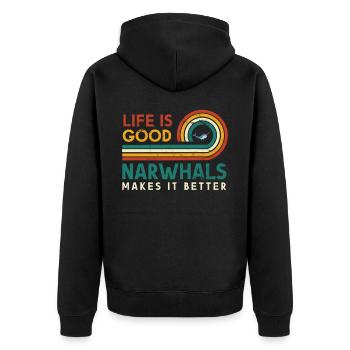 Das Leben Ist Gut, Narwale Machen Es Besser Für - Unisex Premium Bio Zip Hoodie - Schwarz - Hinten - Nico (187cm)