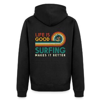 Das Leben Ist Gut Surfen Macht Es Besser Für Einen - Unisex Premium Bio Zip Hoodie - Schwarz - Hinten - Nico (187cm)