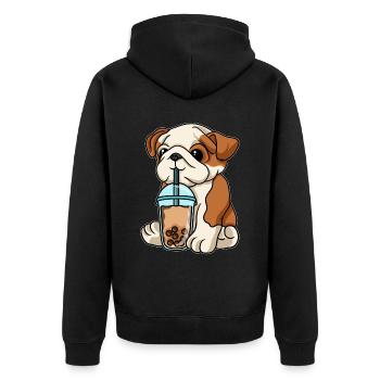 Englische Bulldogge trinkt Bubble Tea - Unisex Premium Bio Zip Hoodie - Schwarz - Hinten - Nico (187cm)
